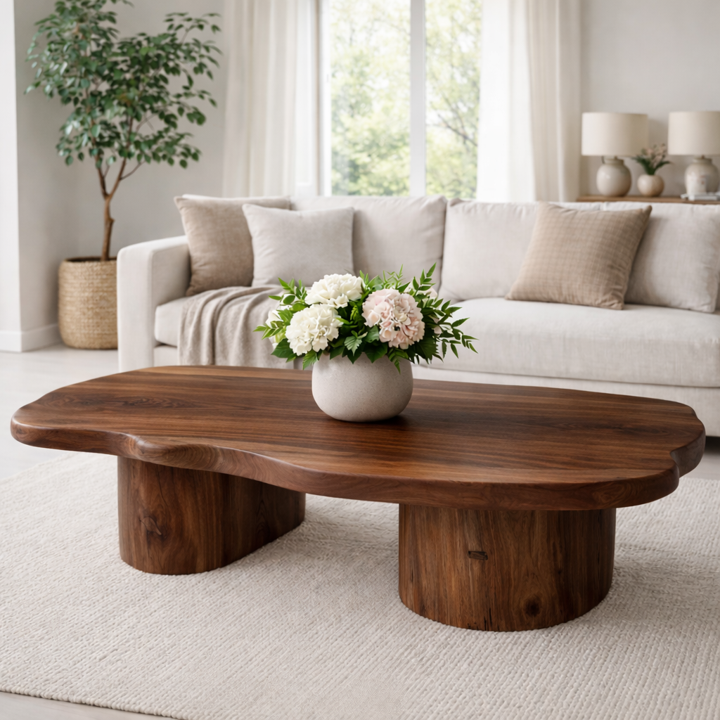 Solid Wood Coffee Table with Organic Shape & Dual Pedestal Base – Modern Rustic Design - view 1 of 9