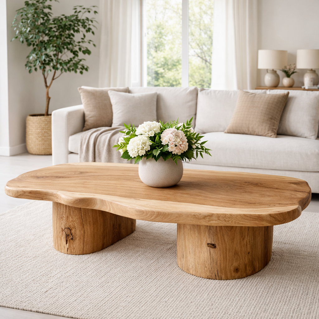 Solid Wood Coffee Table with Organic Shape & Dual Pedestal Base – Modern Rustic Design - view 4 of 9