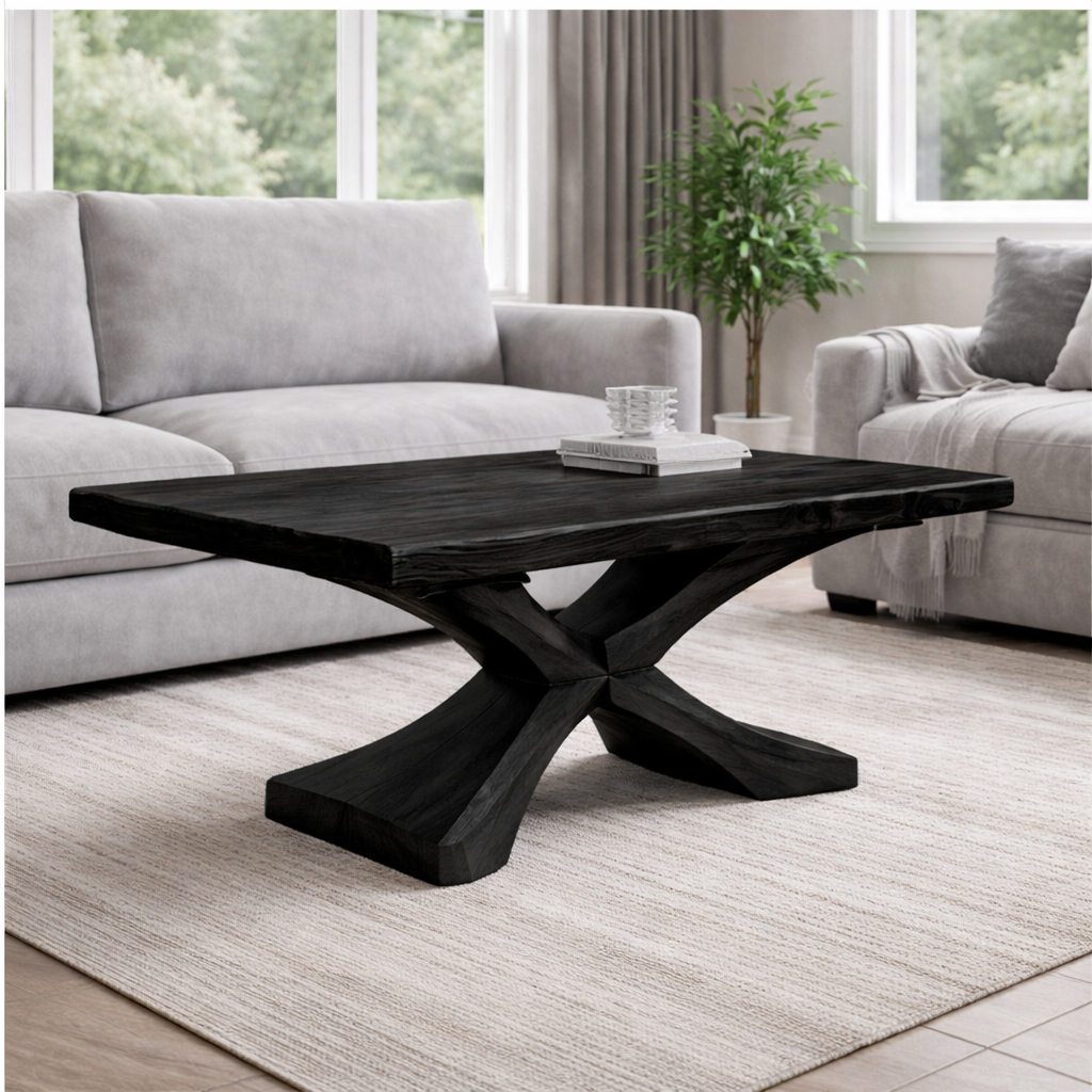 Solid Wood Coffee Table with Sculptural X Base – Modern Rustic Living Room Table - view 4 of 9