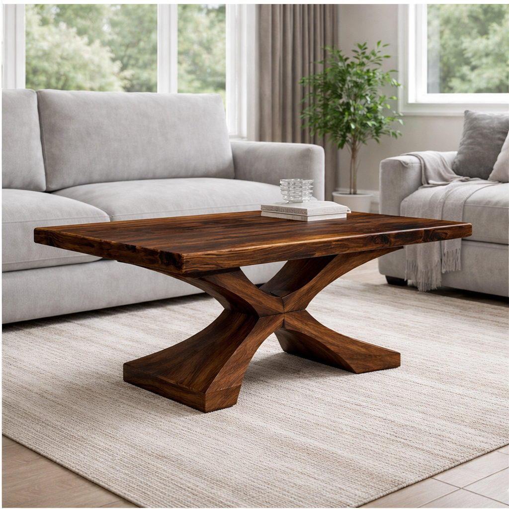 Solid Wood Coffee Table with Sculptural X Base – Modern Rustic Living Room Table - view 5 of 9