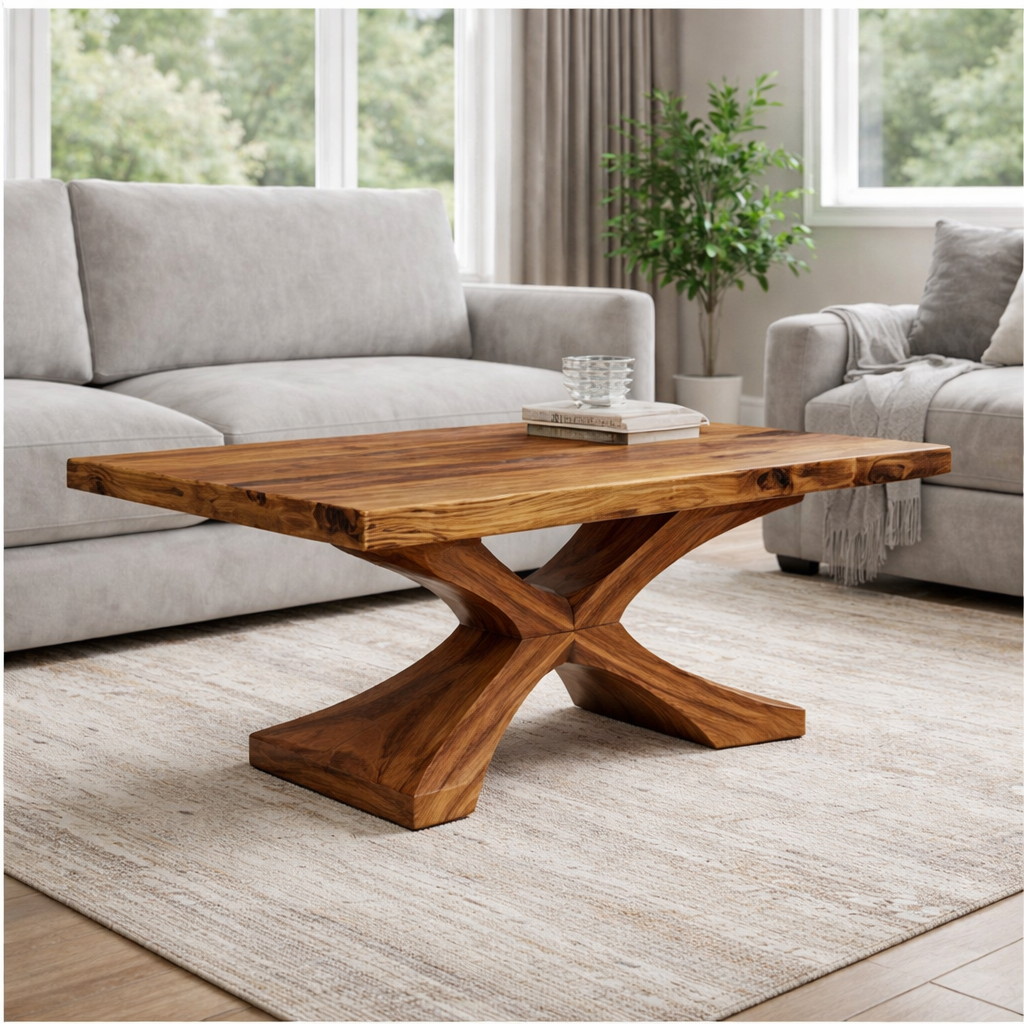 Solid Wood Coffee Table with Sculptural X Base – Modern Rustic Living Room Table - view 1 of 9
