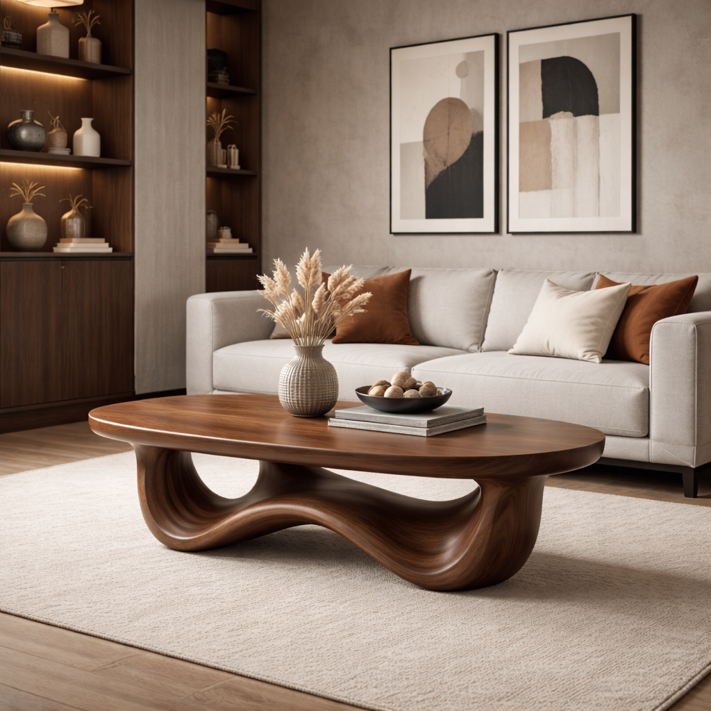 Solid Wood Oval Coffee Table with Sculptural Wave Base and Rustic Walnut Finish - view 4 of 9