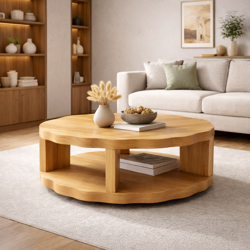 Round Solid Wood Coffee Table with Storage Shelf and Thick Slab Design - view 4 of 9