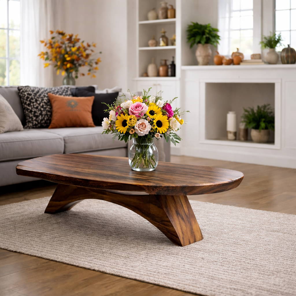 Solid Wood Coffee Table with Sculptural Base and Organic Live Edge Design - view 1 of 9