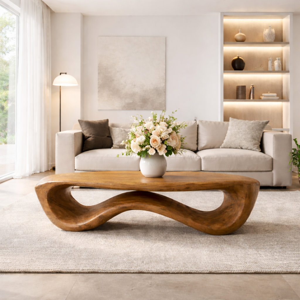 Organic Solid Wood Coffee Table with Sculptural Wave Base and Natural Finish - view 3 of 9