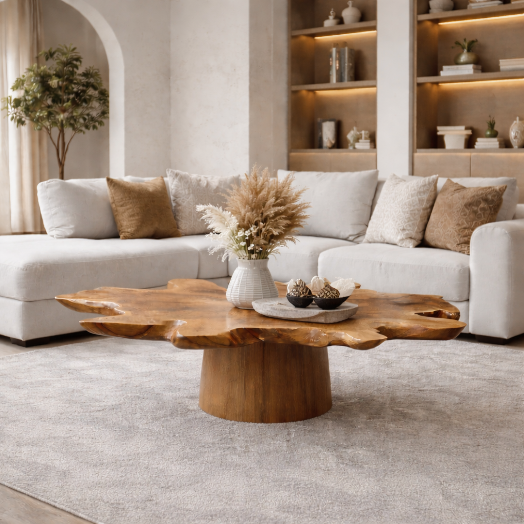 Solid Wood Live Edge Coffee Table with Thick Slab Top & Pedestal Base - view 4 of 9