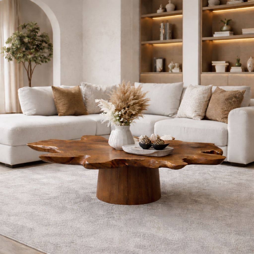 Solid Wood Live Edge Coffee Table with Thick Slab Top & Pedestal Base - view 1 of 9