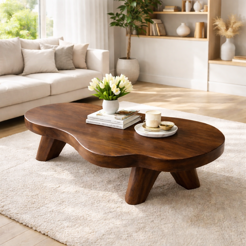 Organic Solid Wood Coffee Table with Sculpted Base and Smooth Curved Top - view 1 of 9