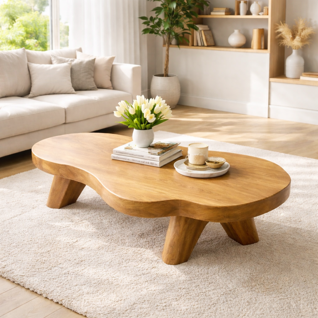 Organic Solid Wood Coffee Table with Sculpted Base and Smooth Curved Top - view 4 of 9