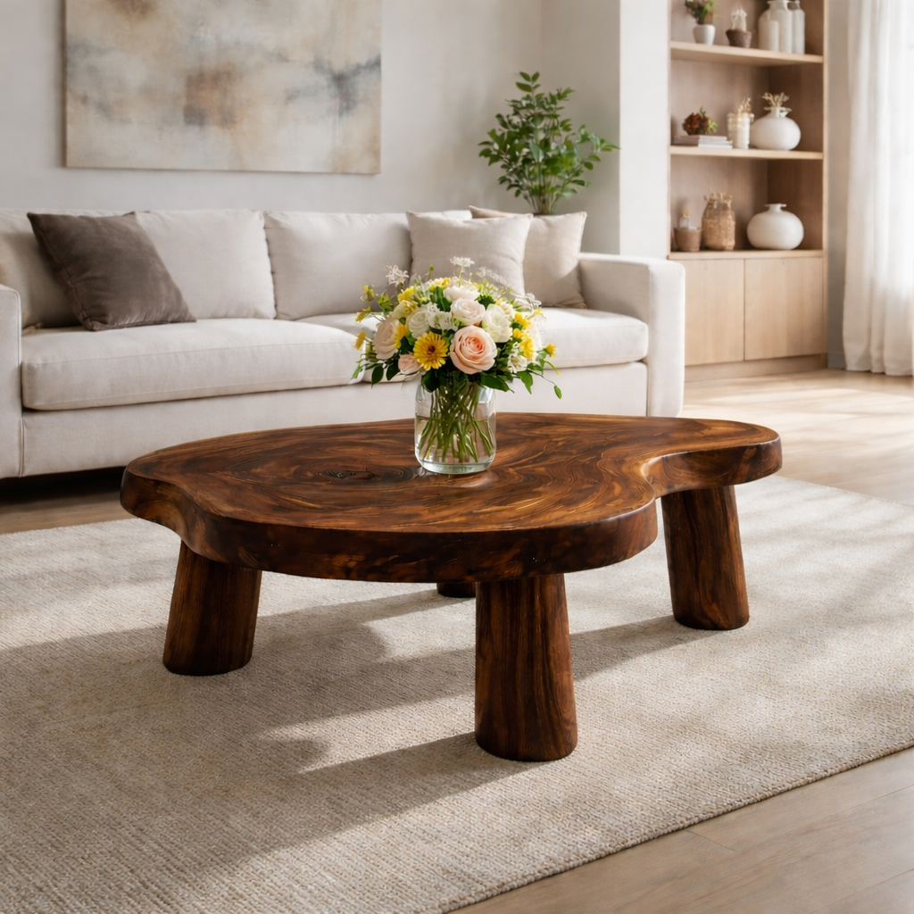 Live Edge Solid Wood Coffee Table with Chunky Legs in Warm Walnut Finish - view 4 of 9