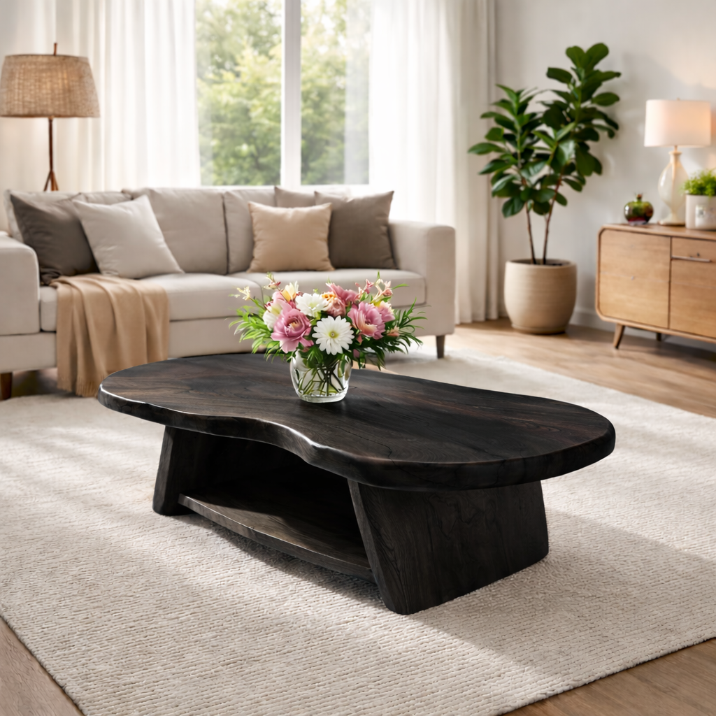 Organic Solid Wood Coffee Table with Sculpted Base in Light Natural Oak - view 8 of 9