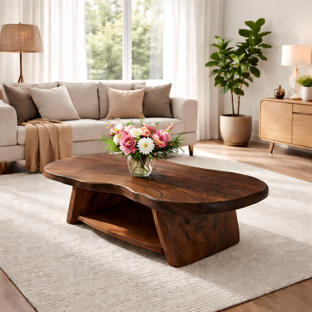 Organic Solid Wood Coffee Table with Sculpted Base in Light Natural Oak - view 9 of 9