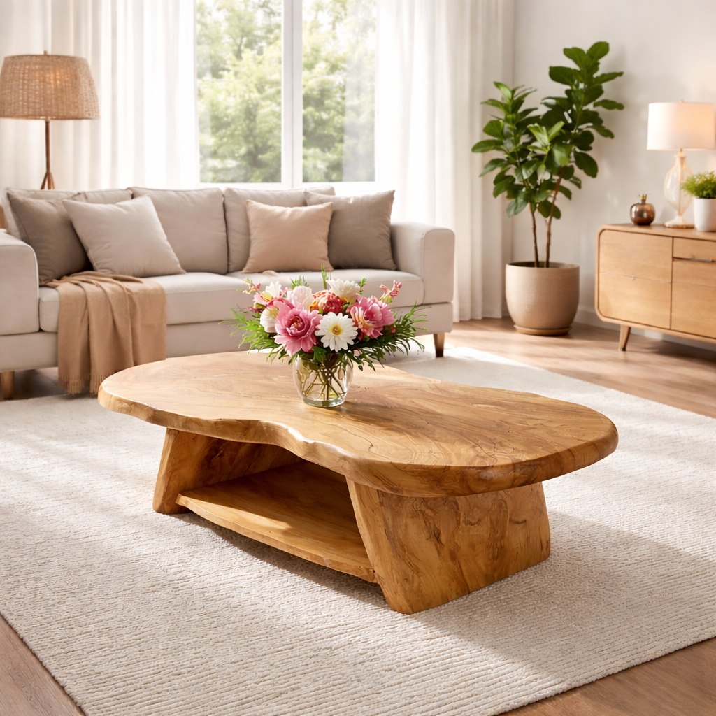 Organic Solid Wood Coffee Table with Sculpted Base in Light Natural Oak - view 1 of 9