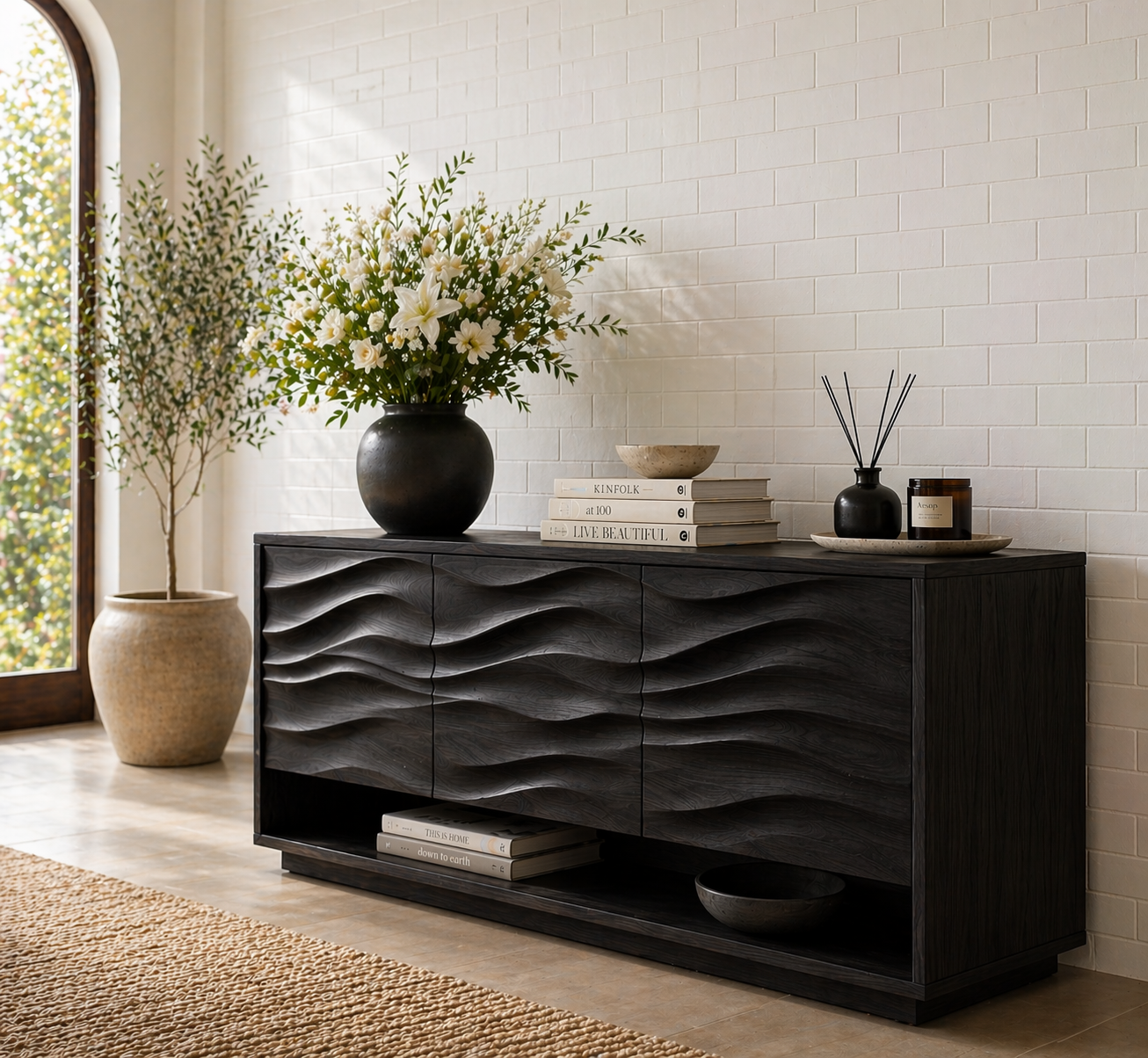 Solid Wood Console Table with Wave Carved Doors and Open Shelf in Walnut Finish - view 5 of 9