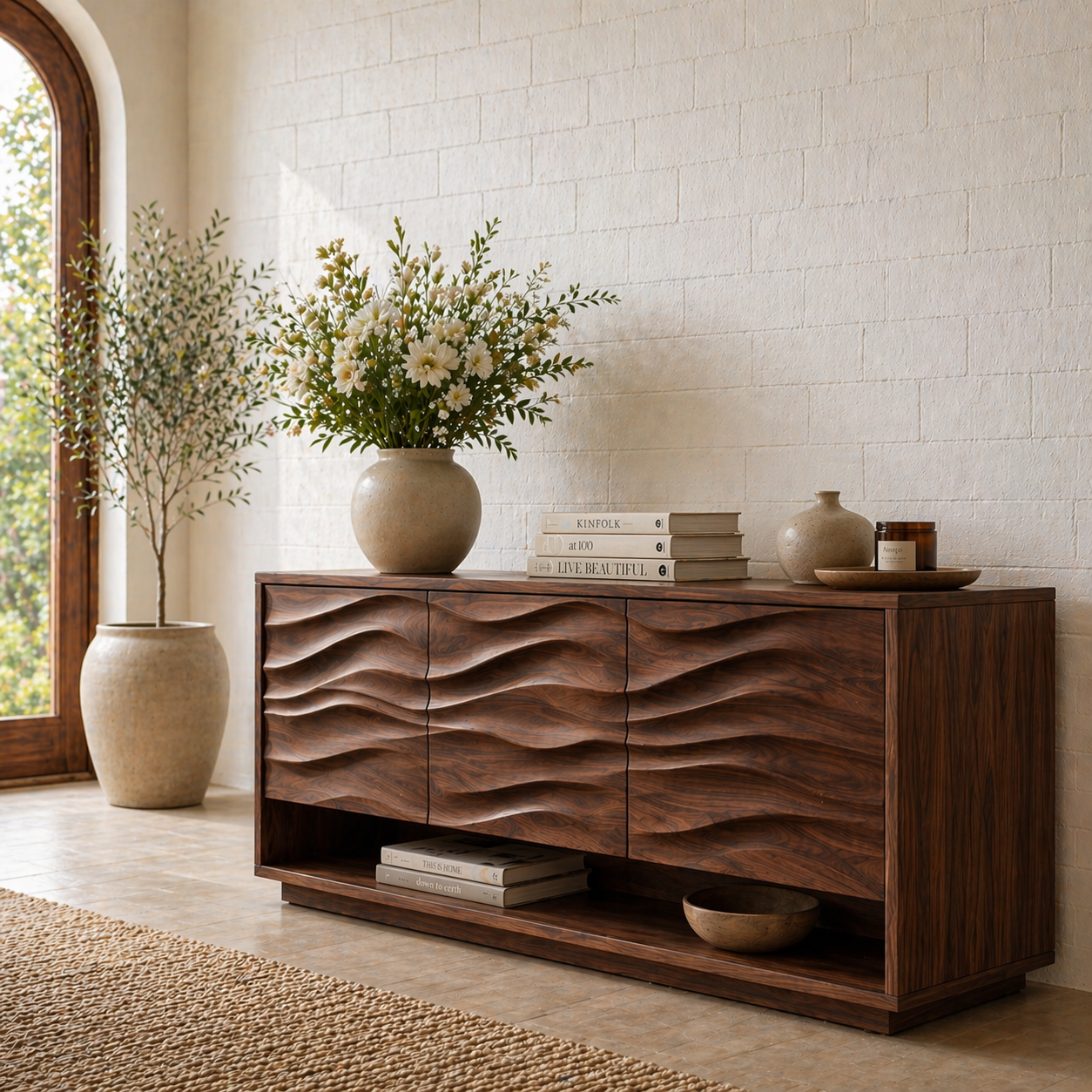 Solid Wood Console Table with Wave Carved Doors and Open Shelf in Walnut Finish - view 4 of 9