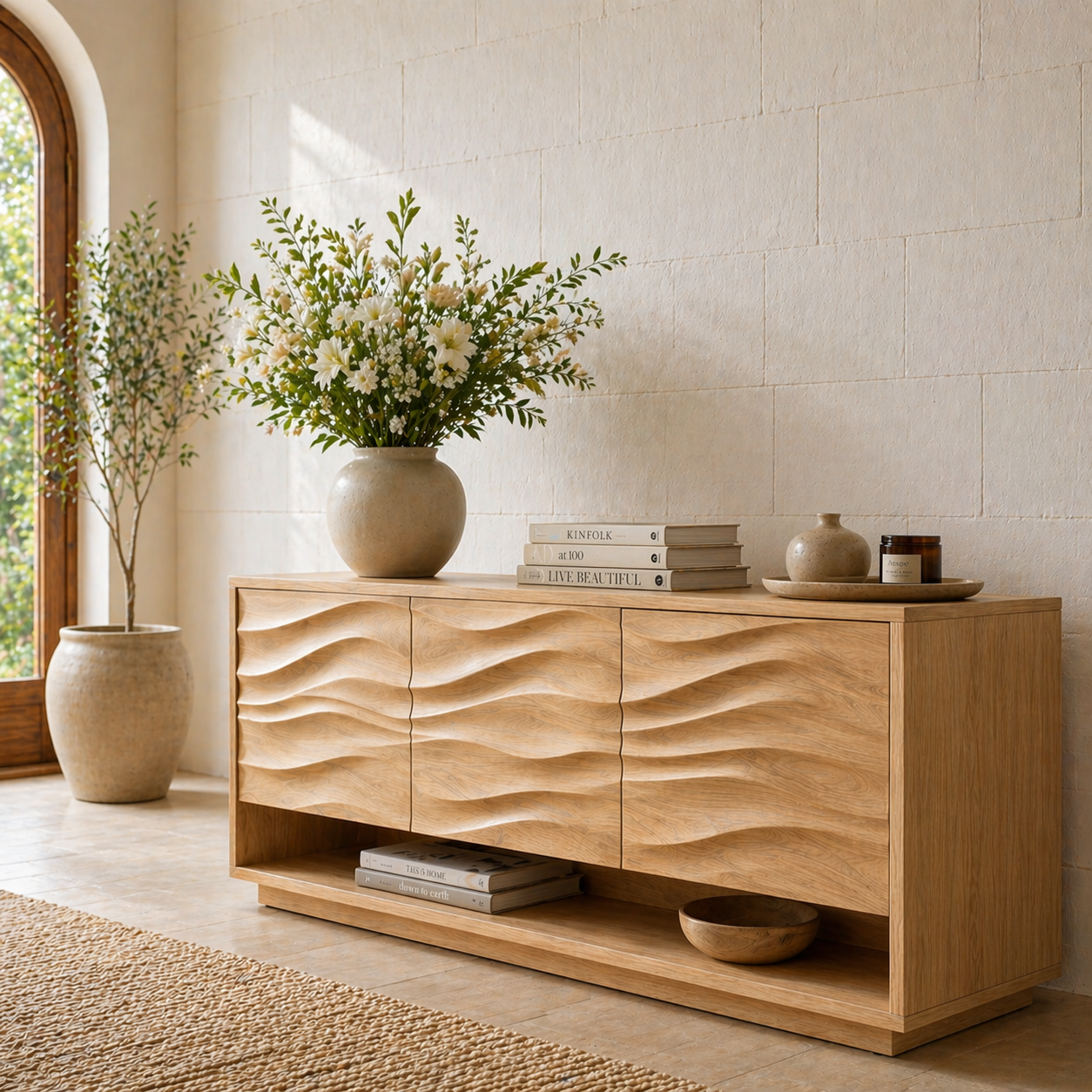 Solid Wood Console Table with Wave Carved Doors and Open Shelf in Walnut Finish - view 3 of 9