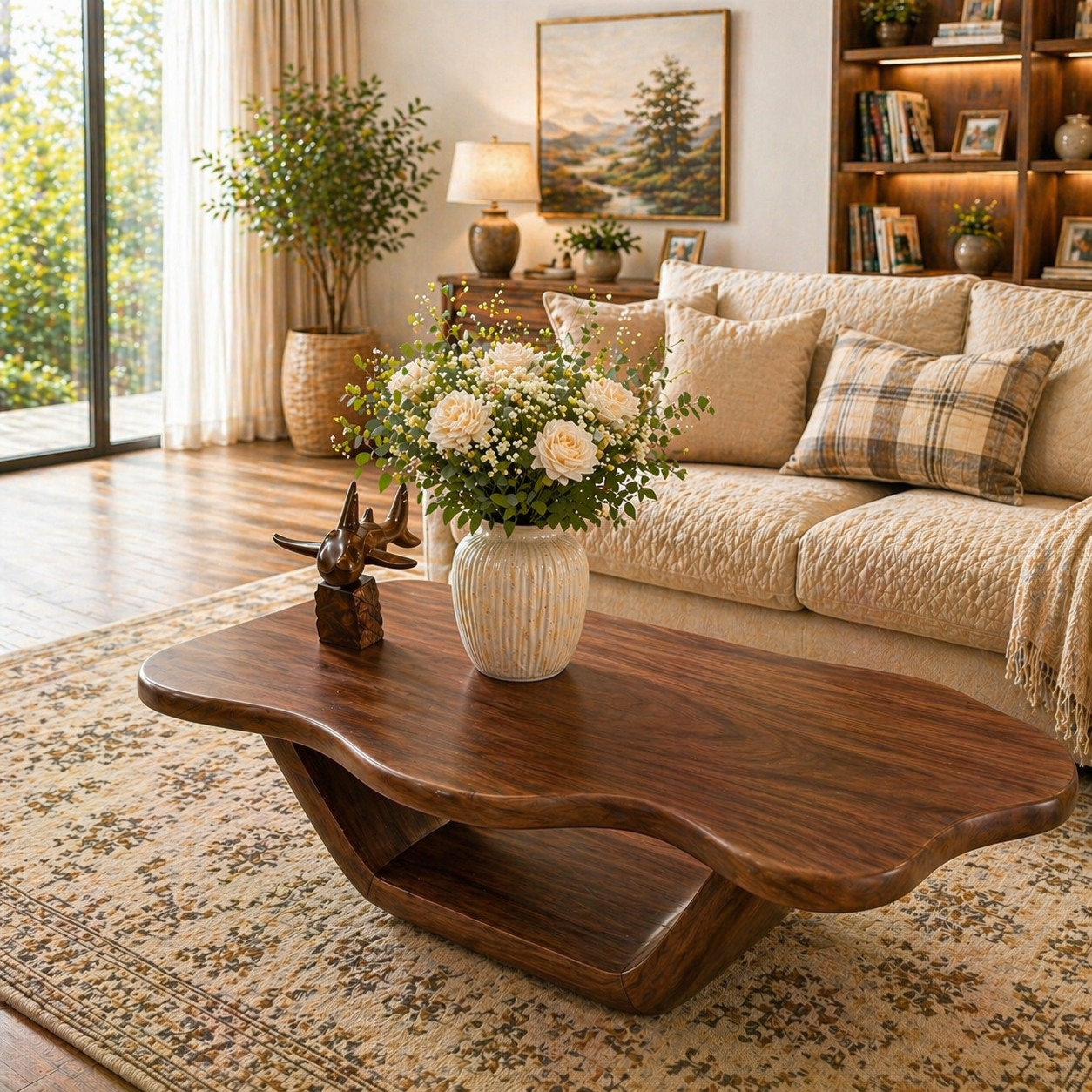 Solid Wood Coffee Table with Organic Curved Top and Sculptural Base - view 1 of 9