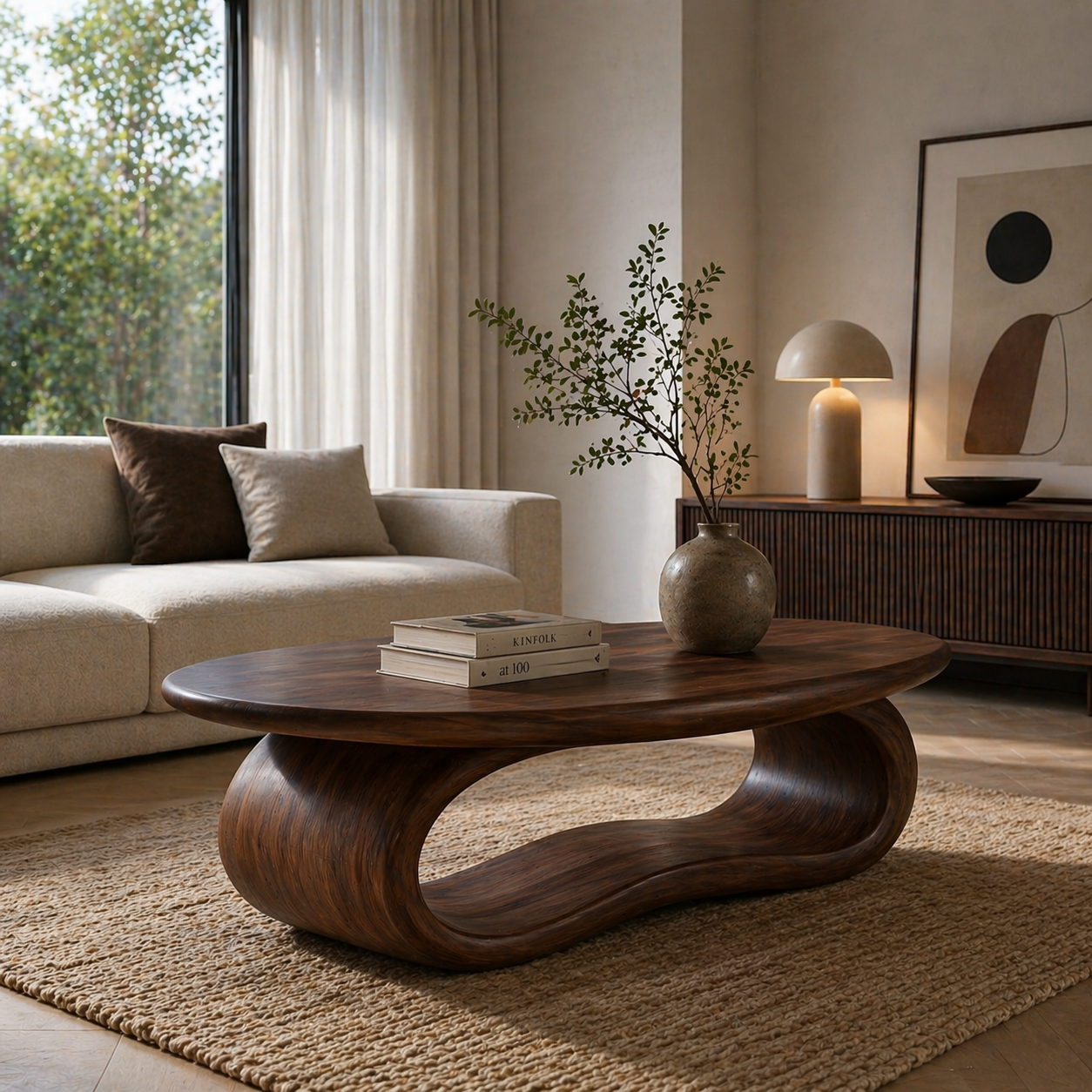Solid Wood Coffee Table with Sculptural Loop Base and Organic Top - view 3 of 9