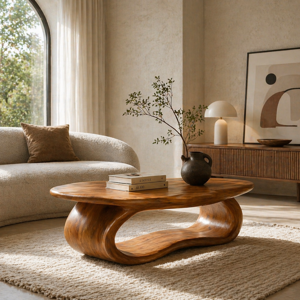 Solid Wood Coffee Table with Sculptural Loop Base and Organic Top - view 1 of 9