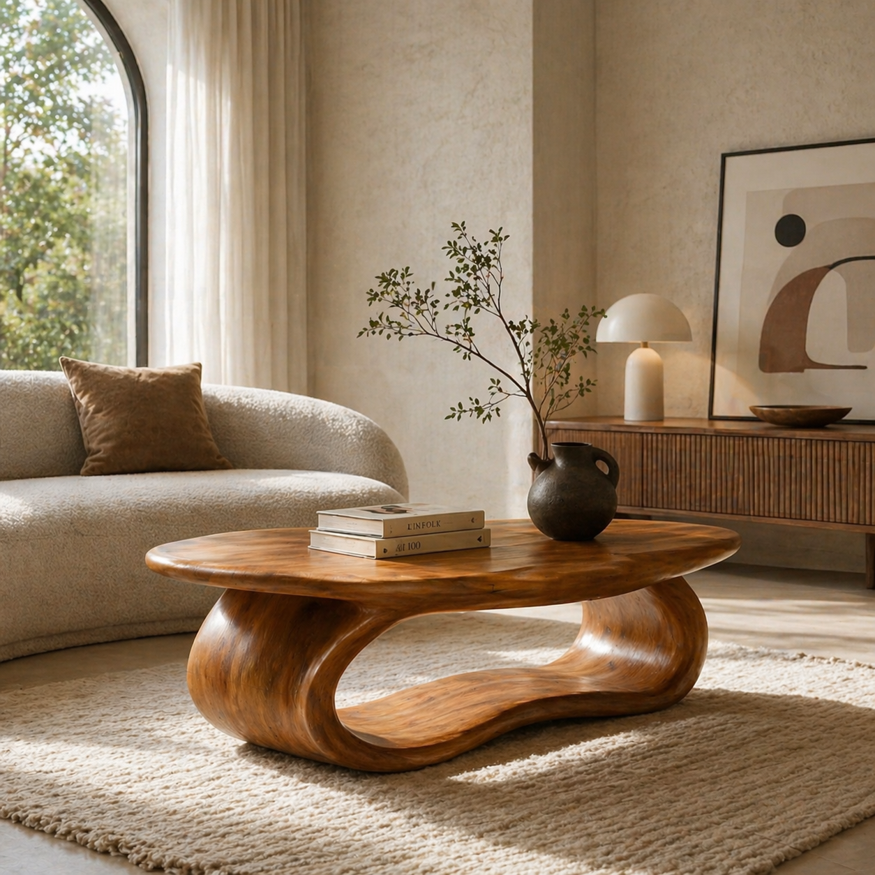 Solid Wood Coffee Table with Sculptural Loop Base and Organic Top - view 1 of 9