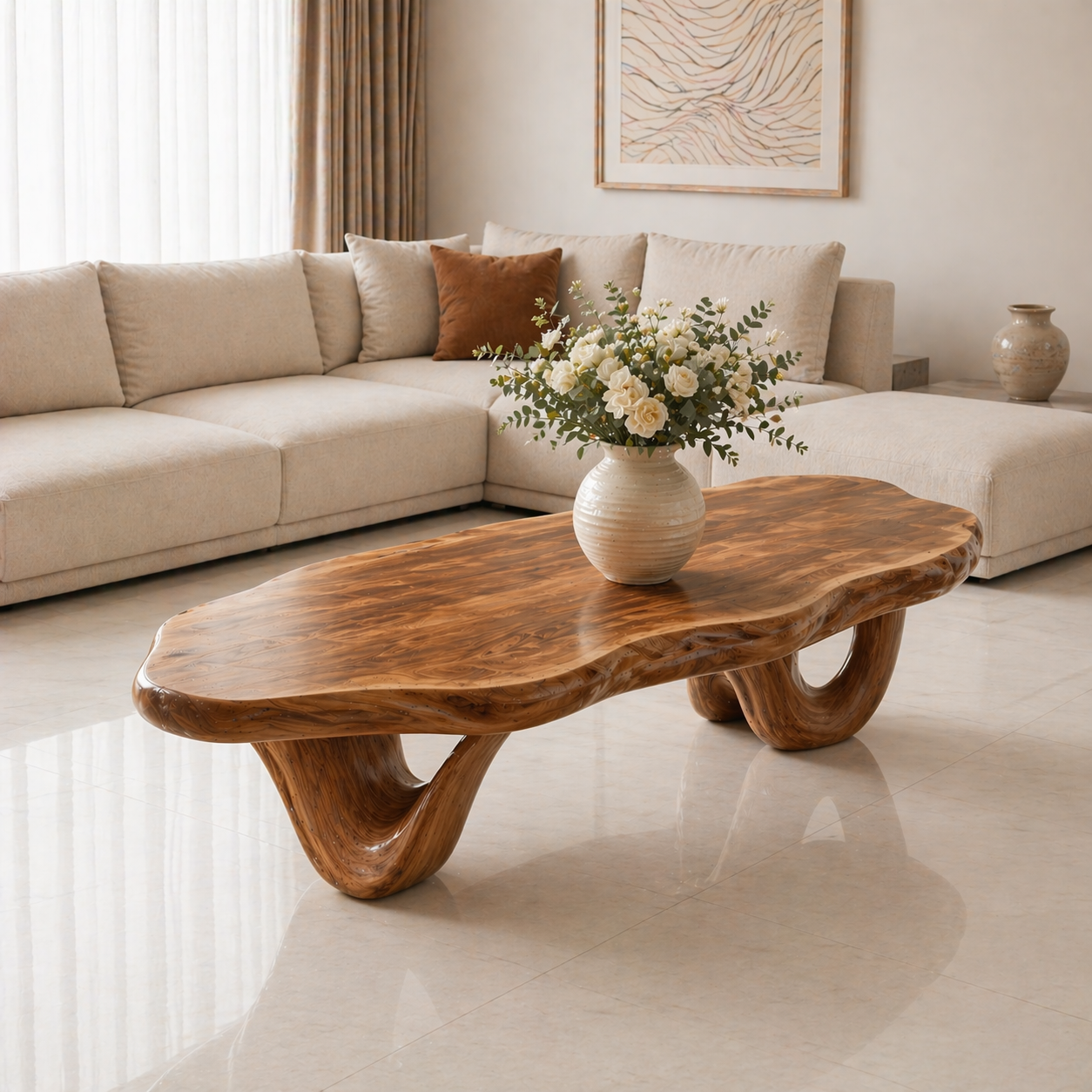 Solid Wood Coffee Table with Live Edge Top and Sculptural Loop Base - view 1 of 9