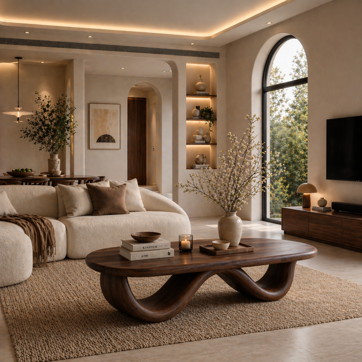 Solid Wood Coffee Table with Curved Sculptural Base and Organic Top - view 1 of 9