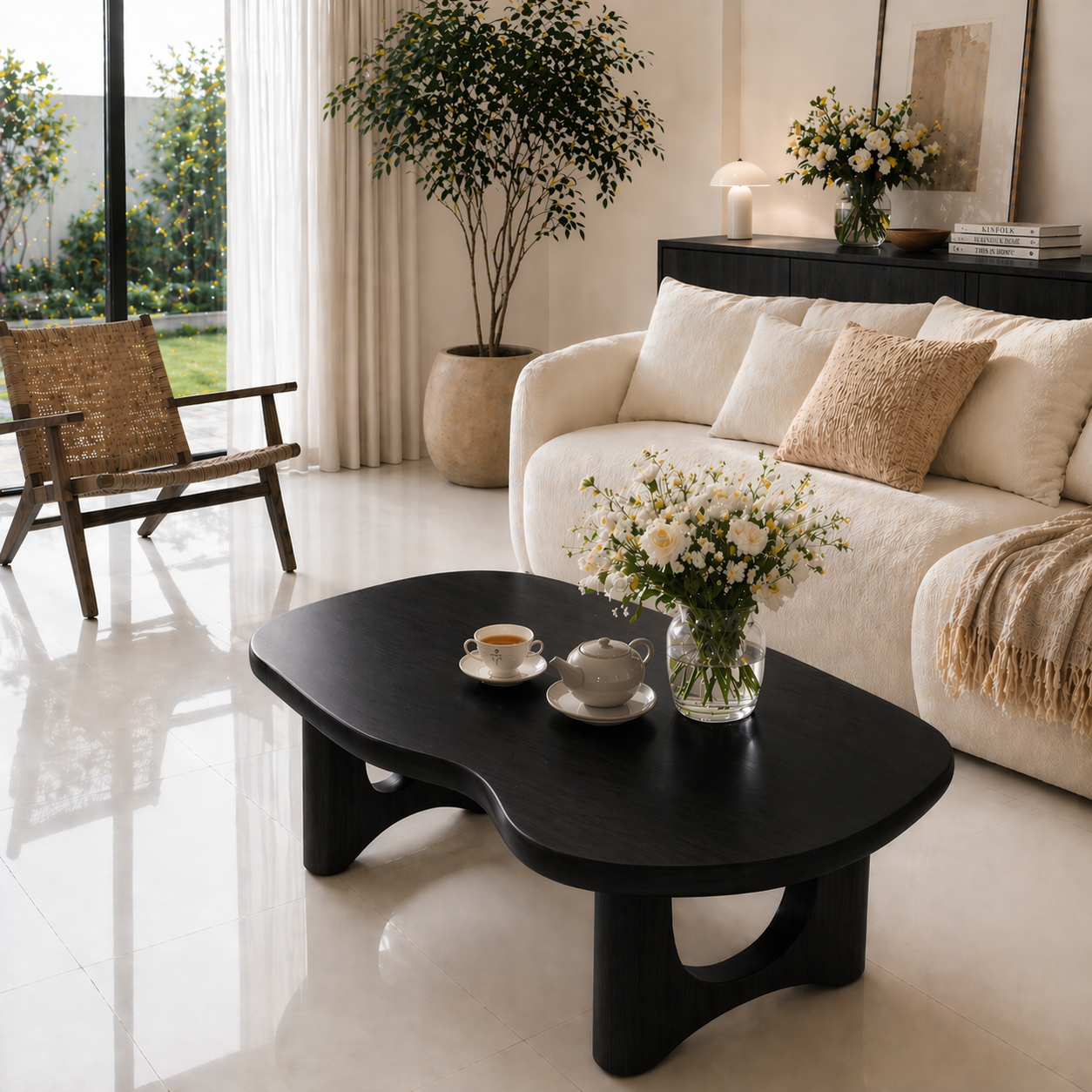 Solid Wood Coffee Table with Organic Shape and Sculpted Base - view 4 of 9