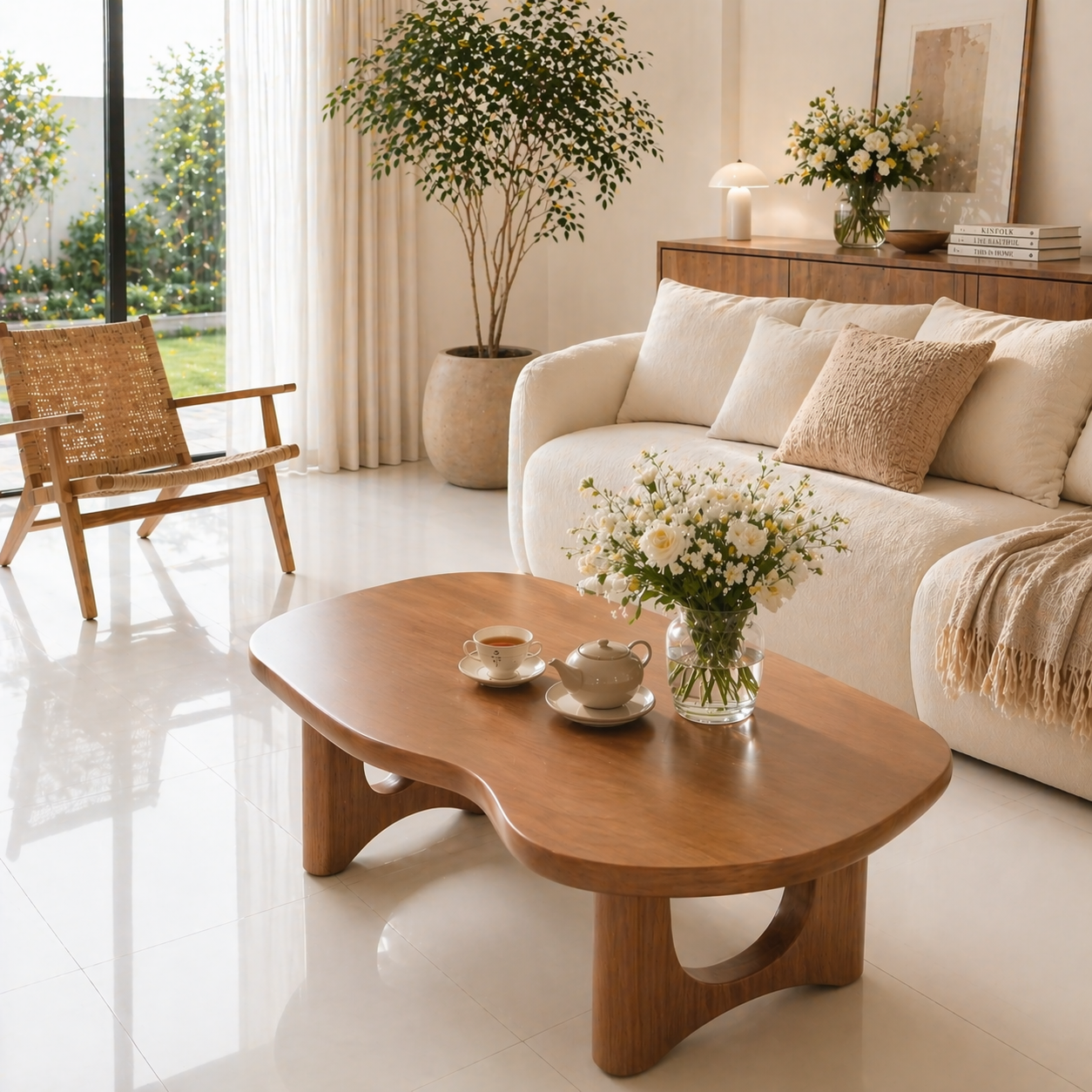 Solid Wood Coffee Table with Organic Shape and Sculpted Base - view 3 of 9