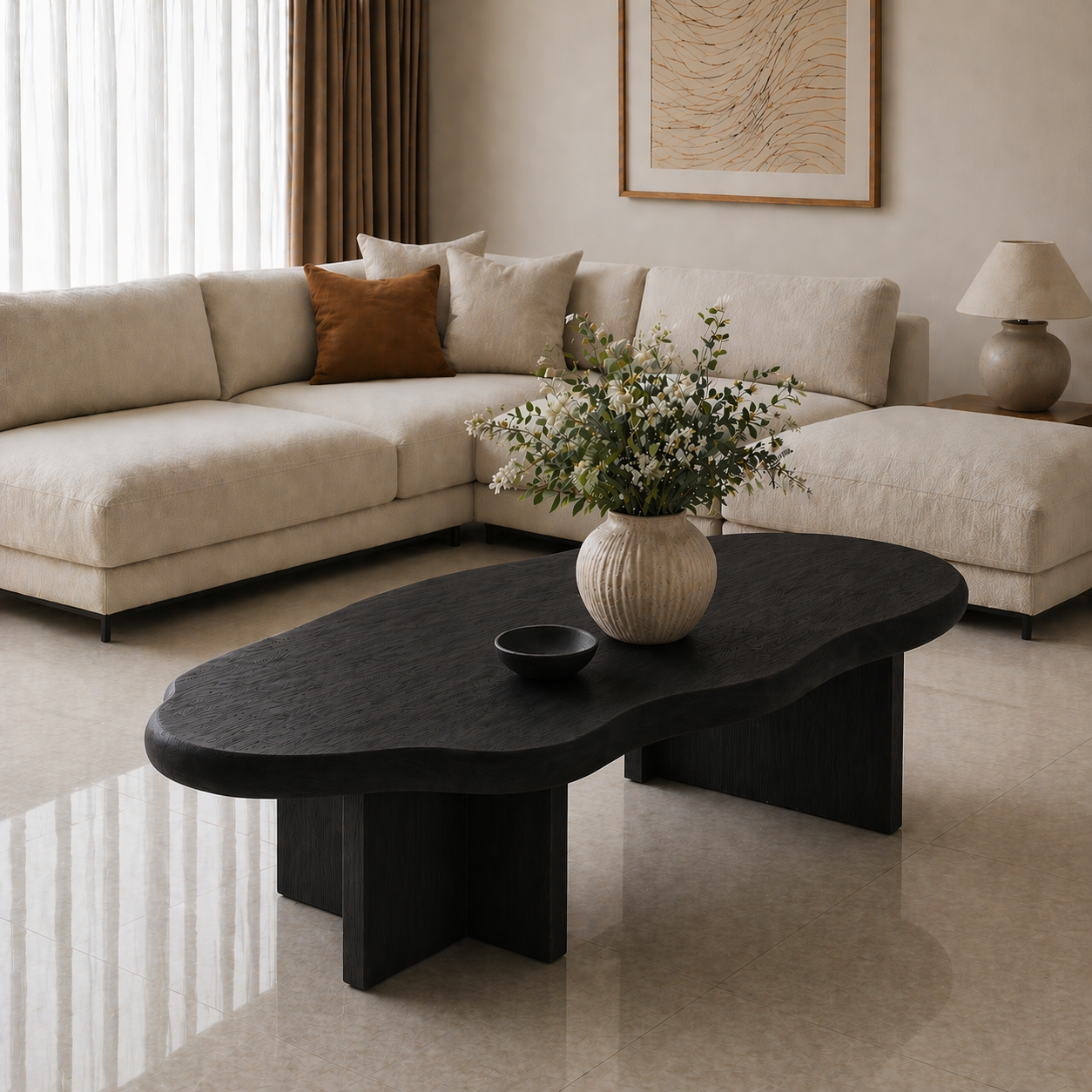 Solid Wood Coffee Table with Organic Shape and Thick Block Base - view 5 of 9