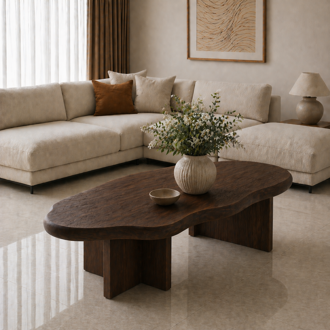 Solid Wood Coffee Table with Organic Shape and Thick Block Base - view 3 of 9