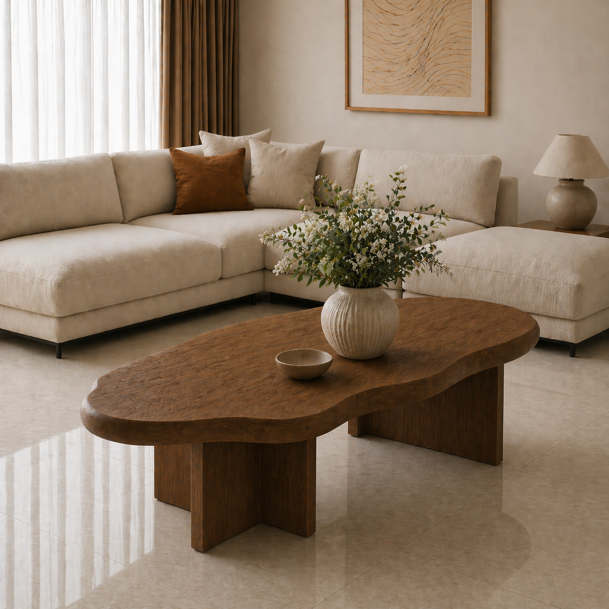 Solid Wood Coffee Table with Organic Shape and Thick Block Base - view 1 of 9