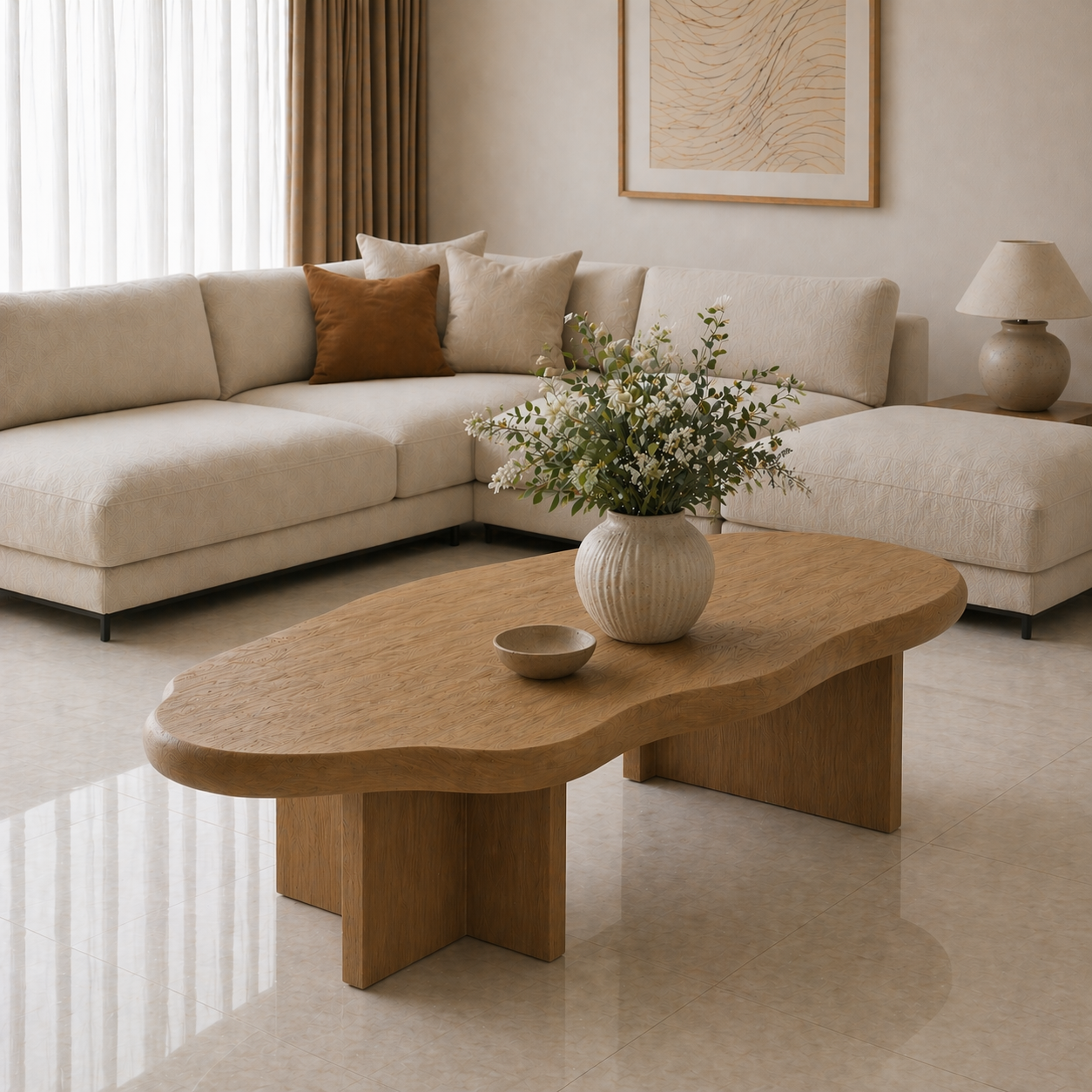 Solid Wood Coffee Table with Organic Shape and Thick Block Base - view 4 of 9