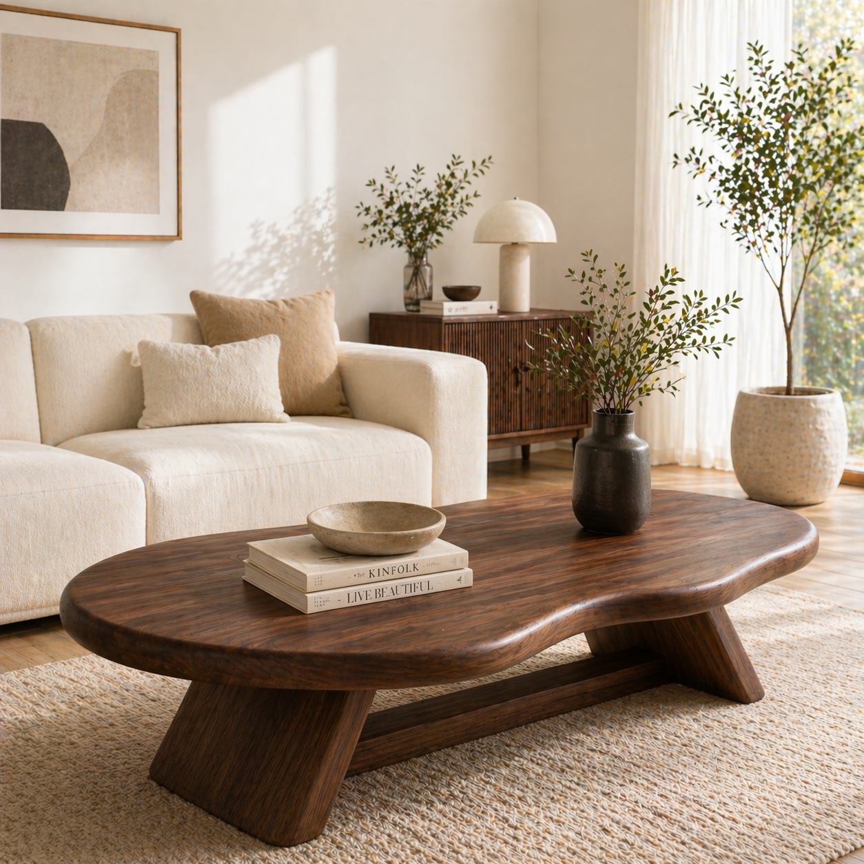 Solid Wood Coffee Table with Organic Oval Top and Angled Base - view 3 of 9