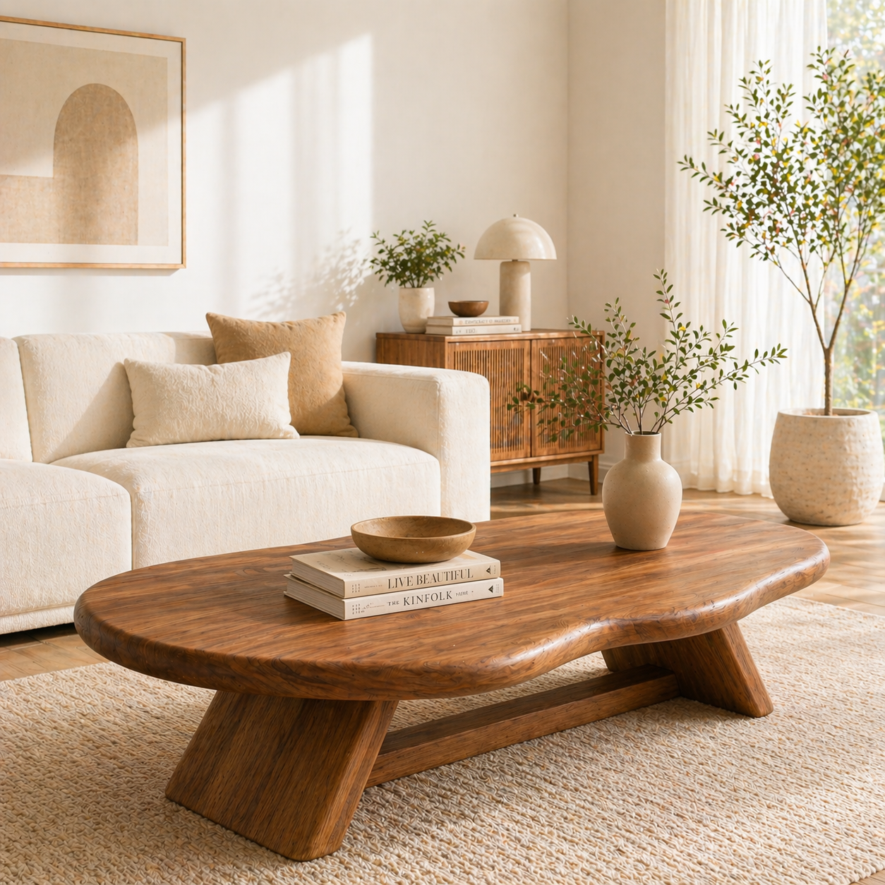 Solid Wood Coffee Table with Organic Oval Top and Angled Base - view 1 of 9