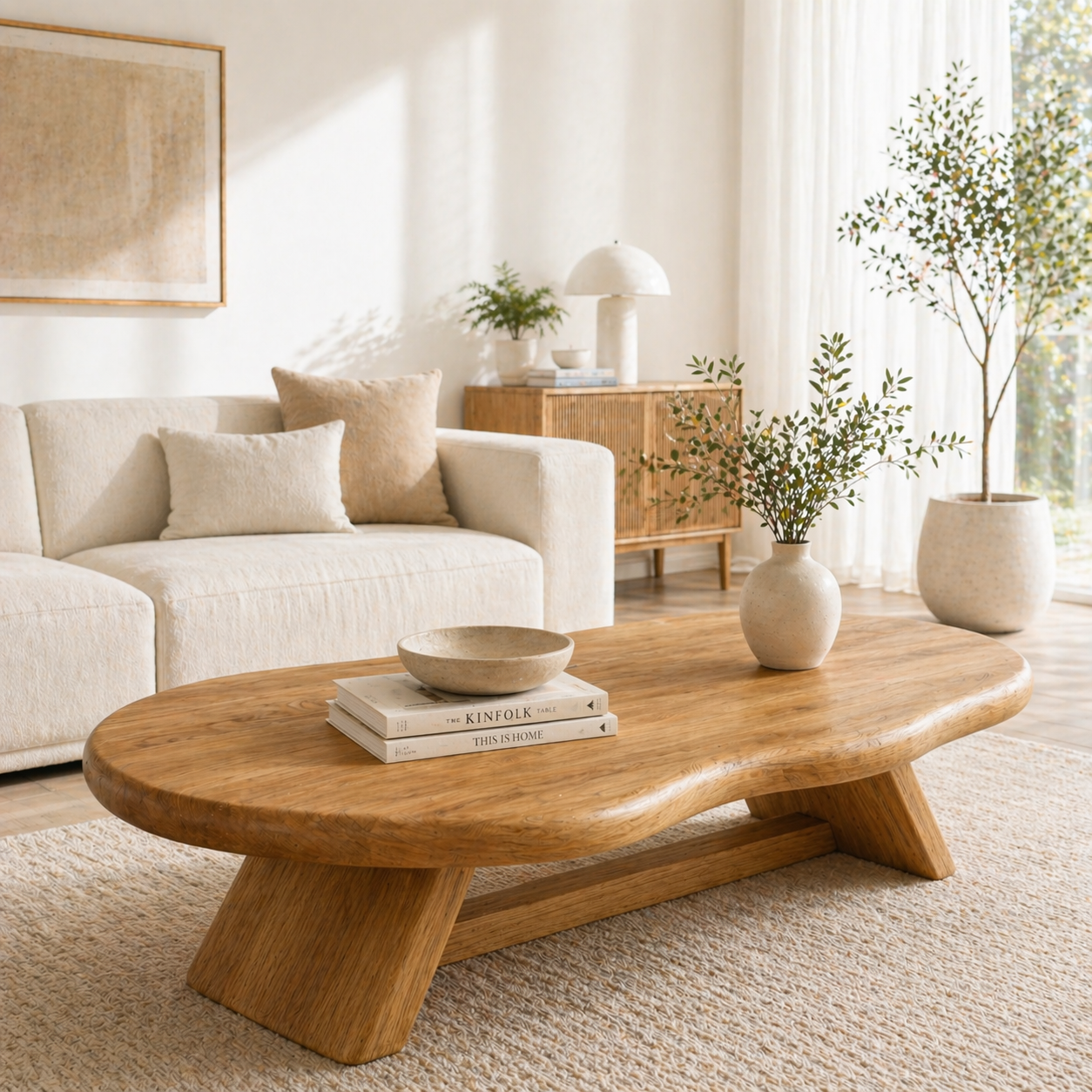 Solid Wood Coffee Table with Organic Oval Top and Angled Base - view 4 of 9