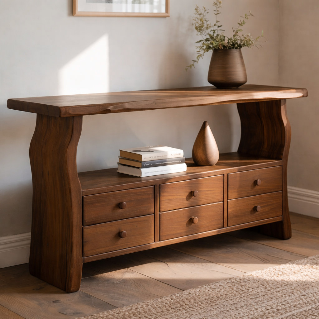 Solid Wood Console Table with 6 Drawers & Display Shelf – Live Edge Entryway Storage Console - view 1 of 9