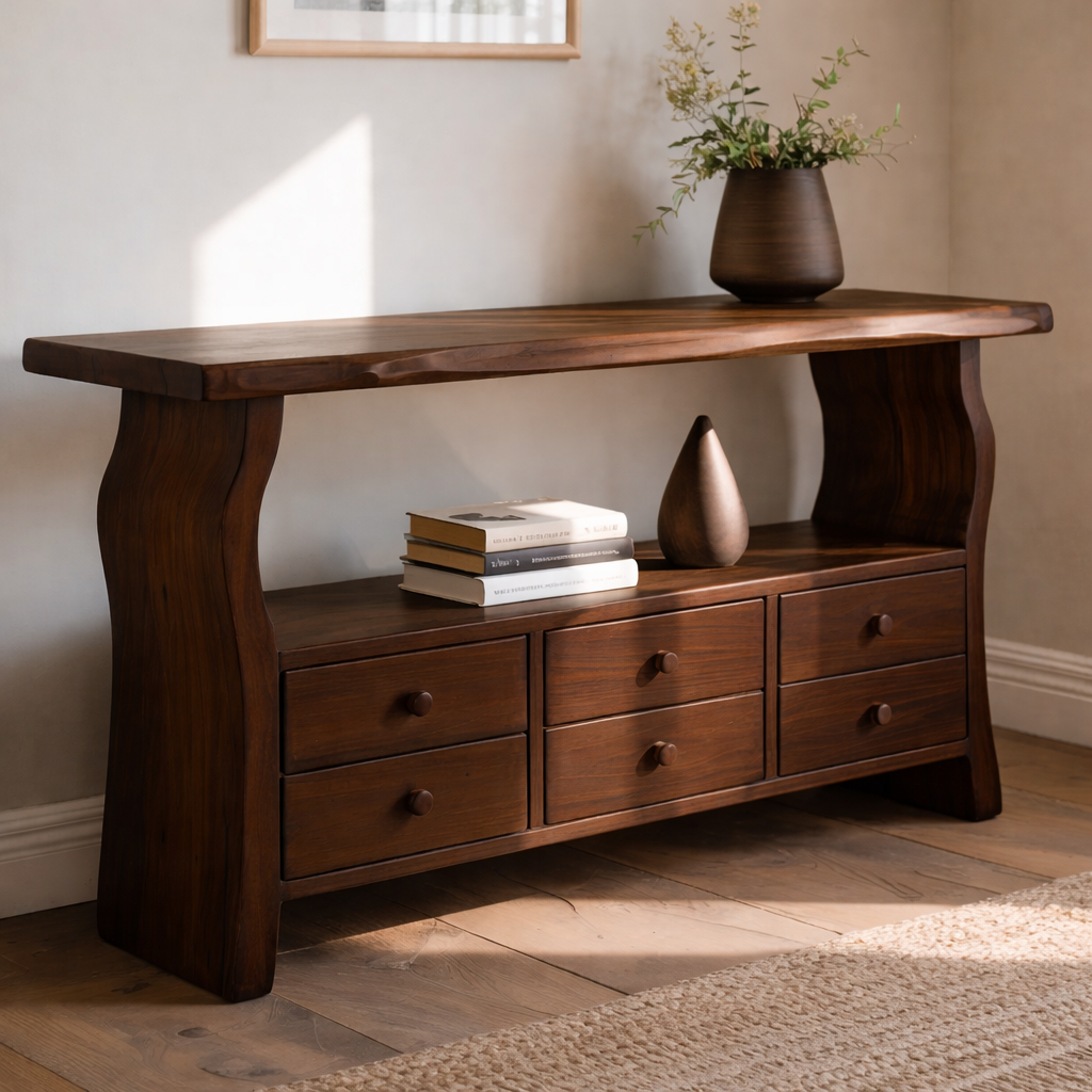 Solid Wood Console Table with 6 Drawers & Display Shelf – Live Edge Entryway Storage Console - view 4 of 9