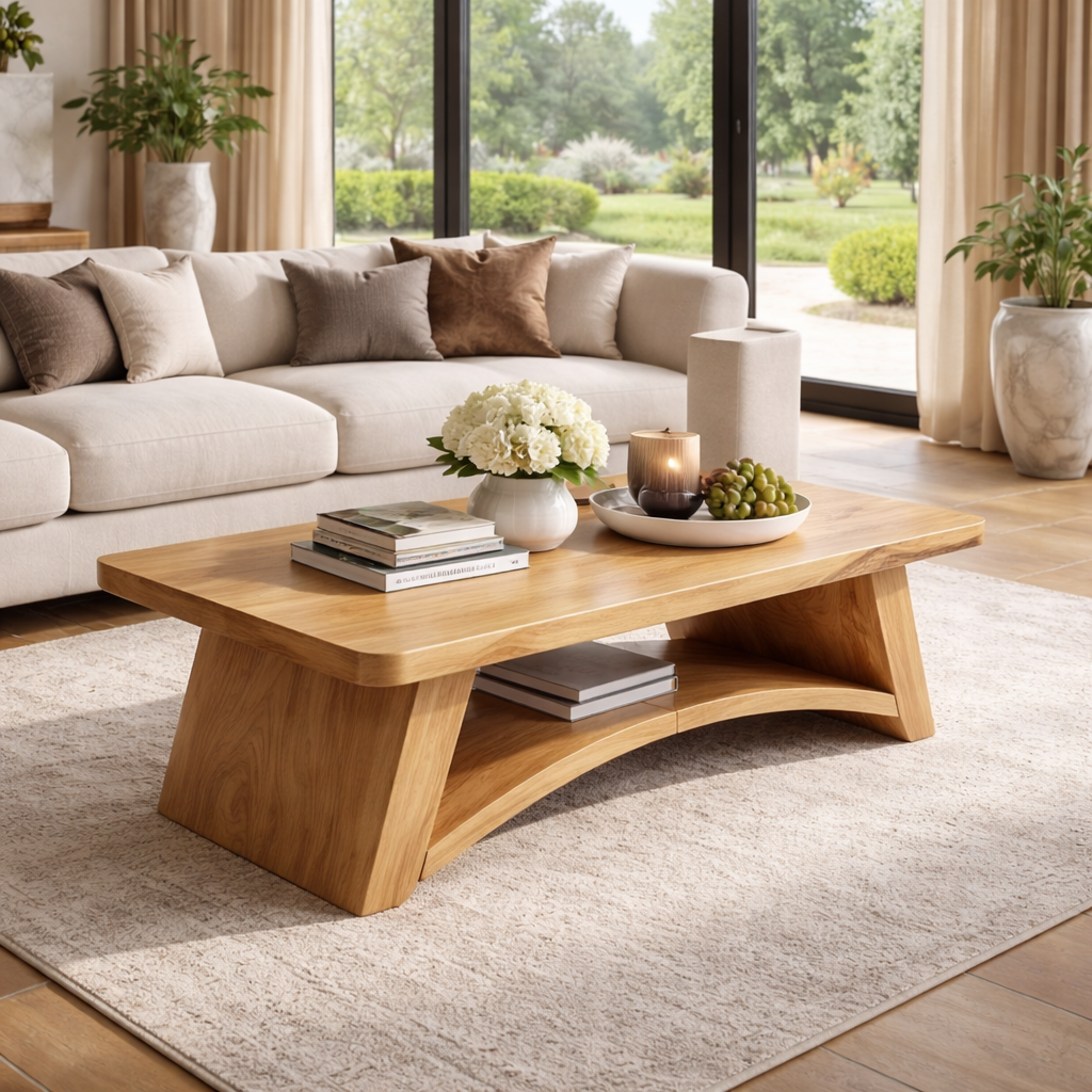 Solid Wood Coffee Table with Sculpted Base and Open Shelf – Rustic Modern Living Room Table - view 5 of 9