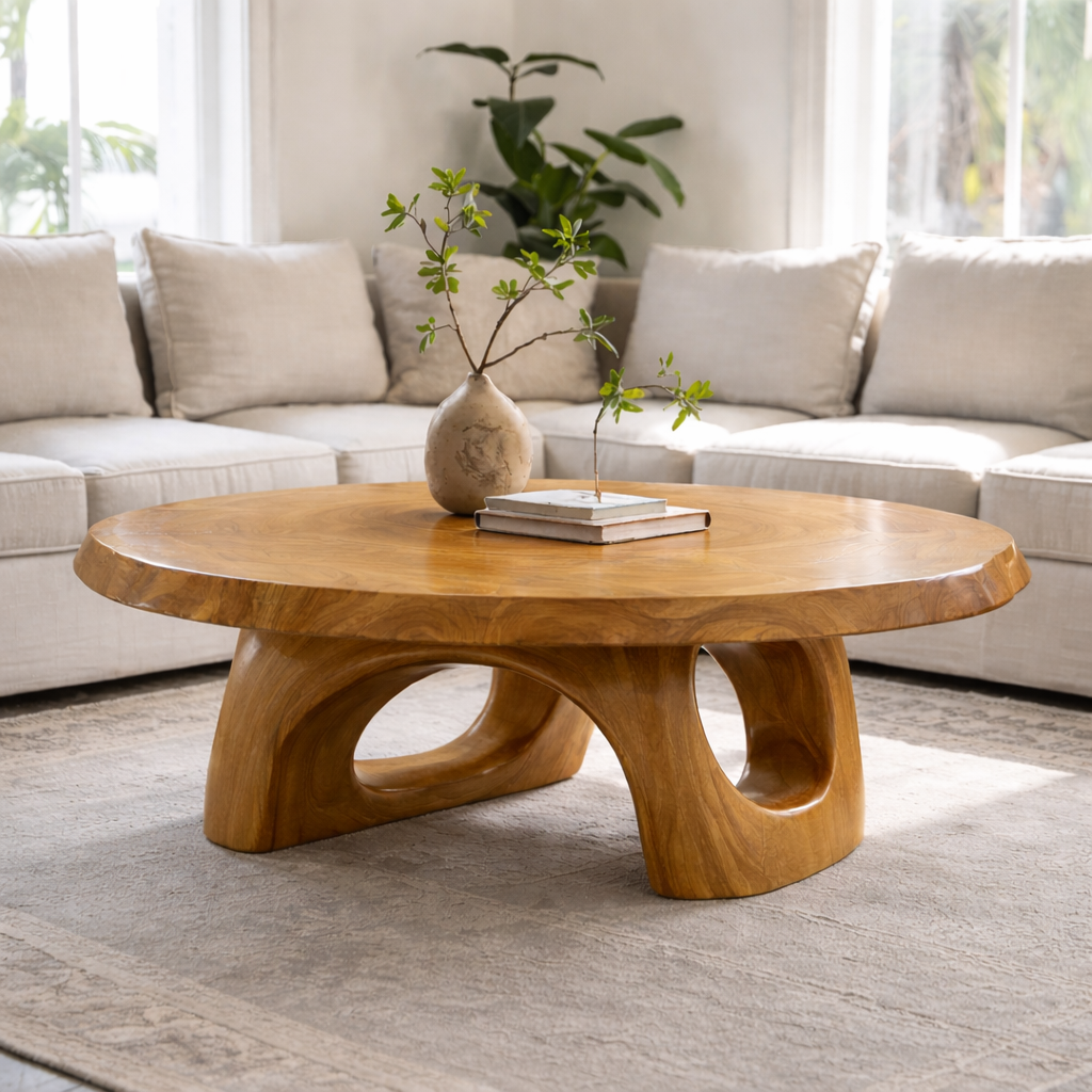Solid Wood Sculptural Coffee Table – Round Organic Wooden Coffee Table - view 5 of 9