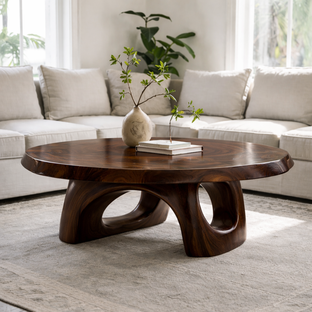 Solid Wood Sculptural Coffee Table – Round Organic Wooden Coffee Table - view 4 of 9