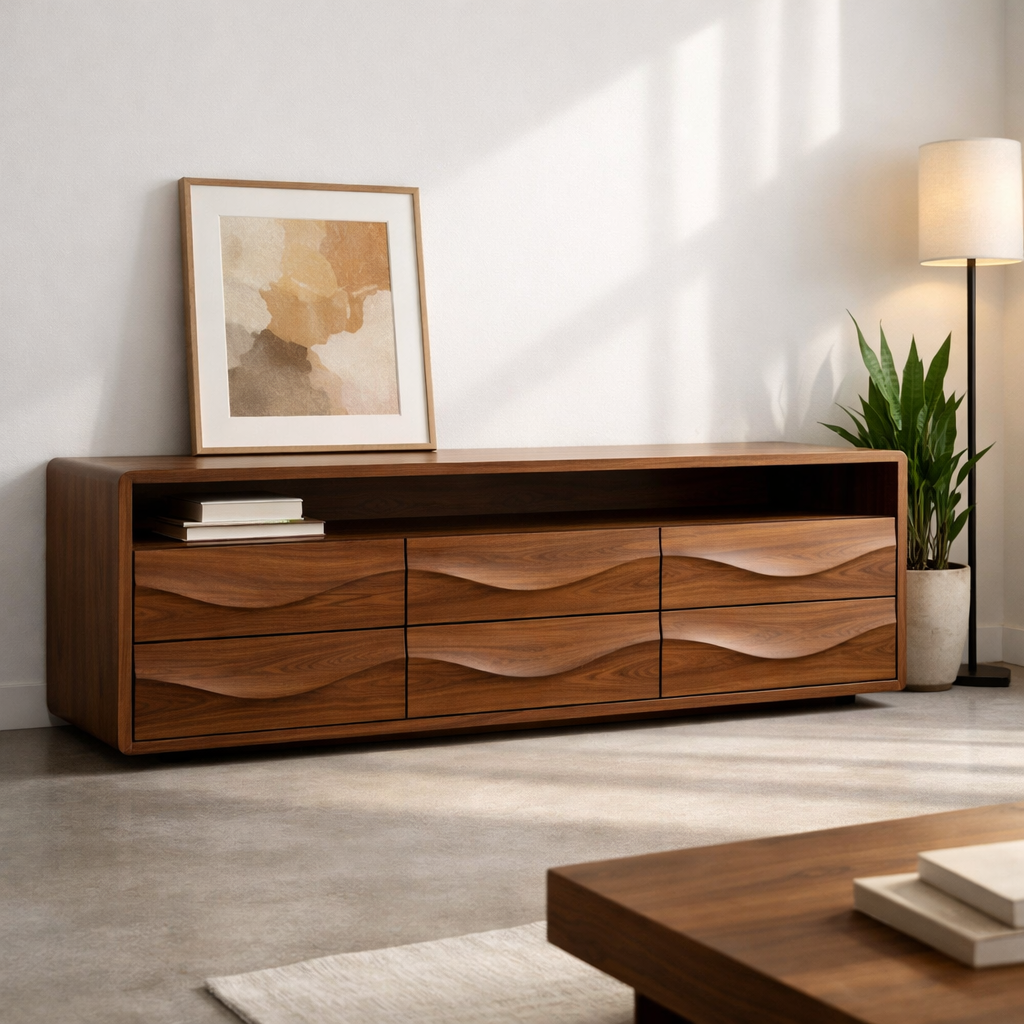 Solid Wood Console Table with Low Profile and Sculptural Wave Drawers - view 1 of 9