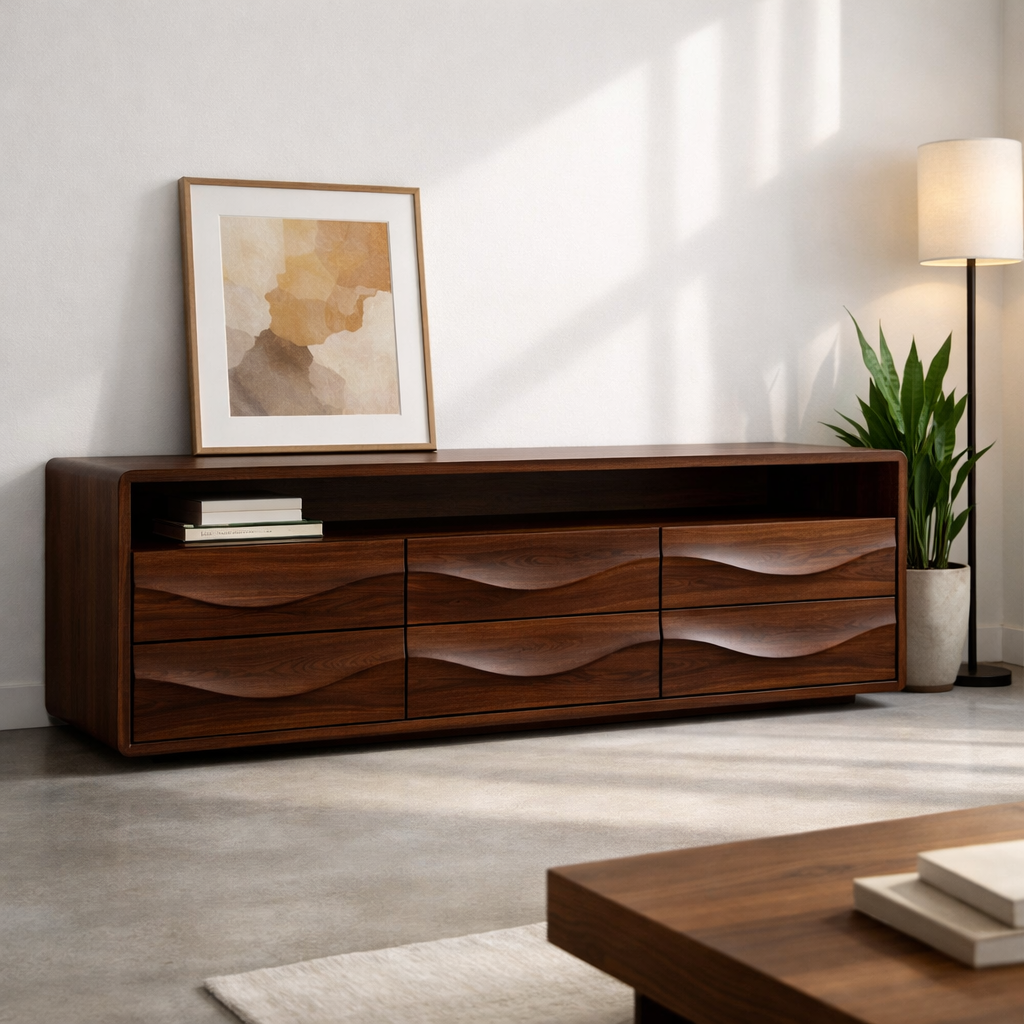 Solid Wood Console Table with Low Profile and Sculptural Wave Drawers - view 4 of 9