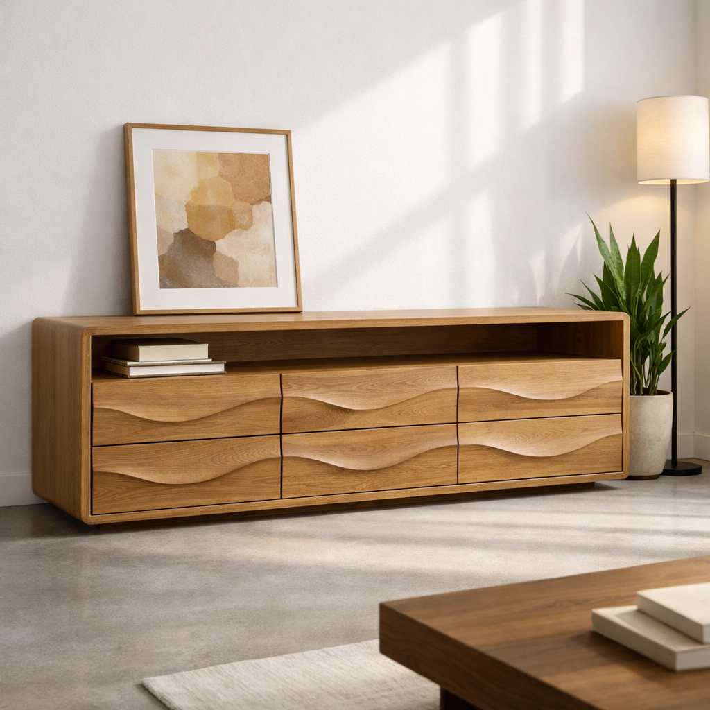 Solid Wood Console Table with Low Profile and Sculptural Wave Drawers - view 3 of 9