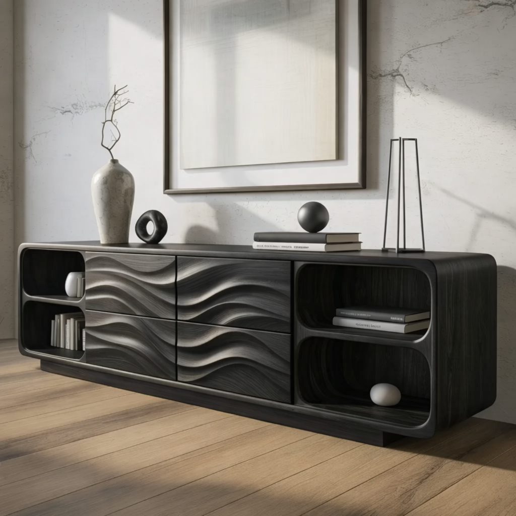 Solid Wood Console Table with Wave Carved Drawers and Open Shelf Design - view 5 of 9