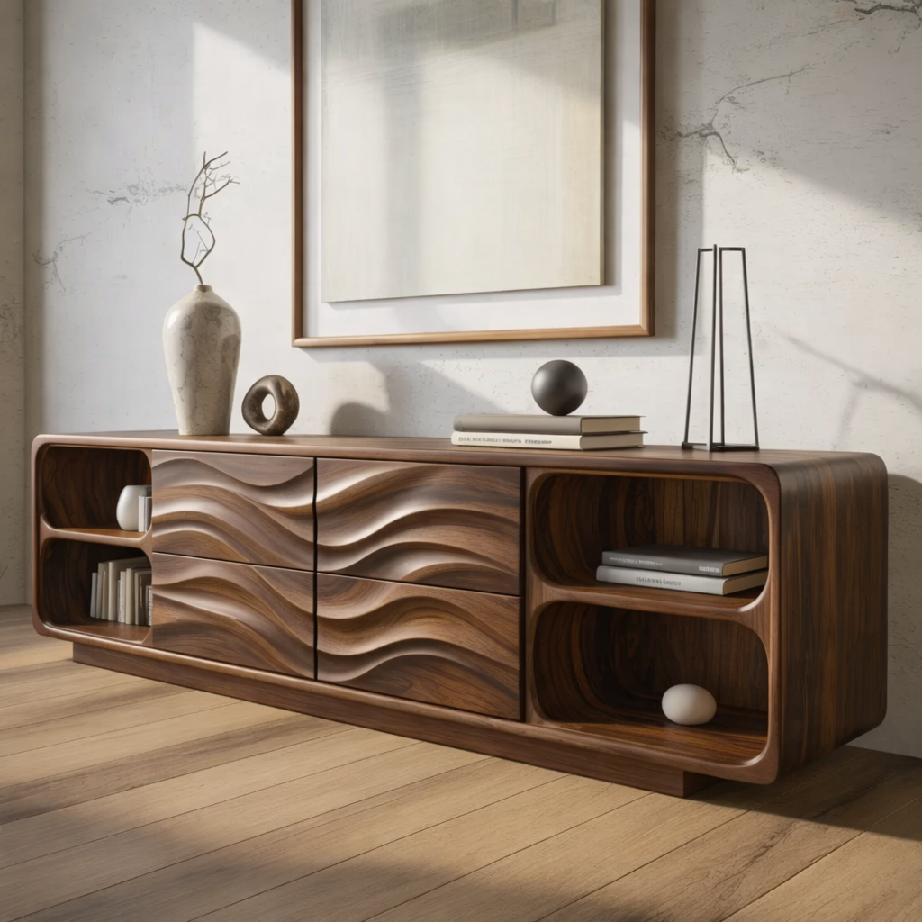 Solid Wood Console Table with Wave Carved Drawers and Open Shelf Design - view 4 of 9