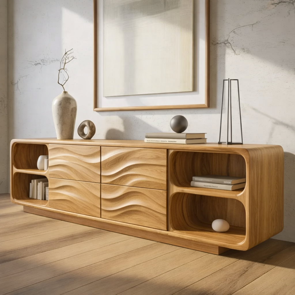 Solid Wood Console Table with Wave Carved Drawers and Open Shelf Design - view 3 of 9
