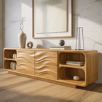 Solid Wood Console Table with Wave Carved Drawers and Open Shelf Design - view 3 of 9
