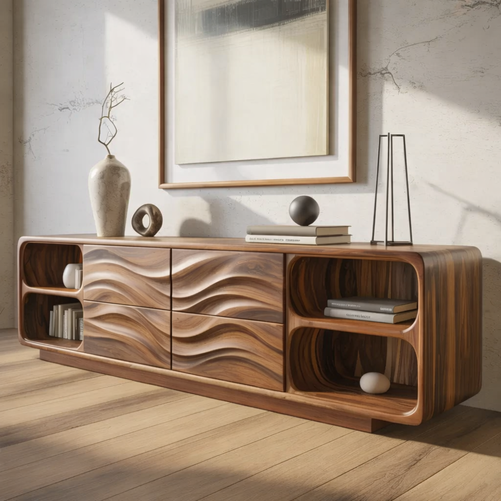 Solid Wood Console Table with Wave Carved Drawers and Open Shelf Design - view 1 of 9
