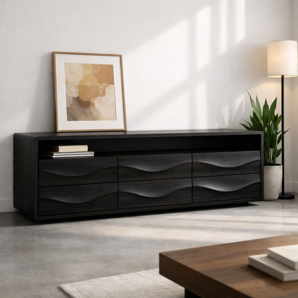 Solid Wood Console Table with Low Profile and Sculptural Wave Drawers - view 5 of 9
