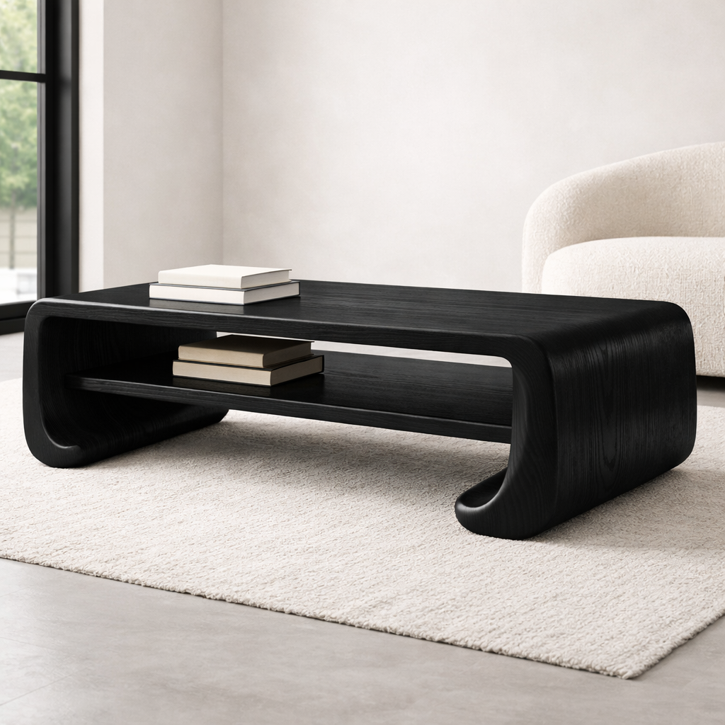 Handcrafted Solid Wood Sculptural Coffee Table with Open Shelf - view 5 of 9